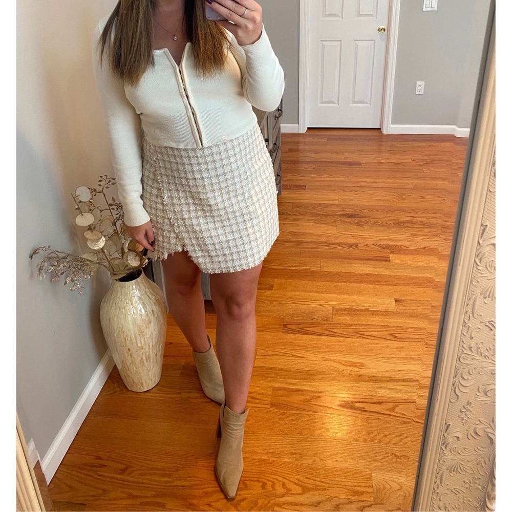 Preppy Reputation Ivory Plaid Tweed Faux-Wrap Mini Skirt